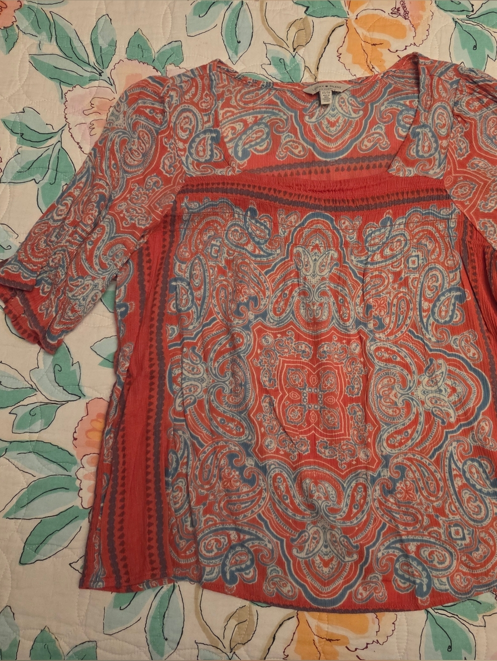 Lucky Brand Pink Paisley Tunic with Blue Accents Sz Xs